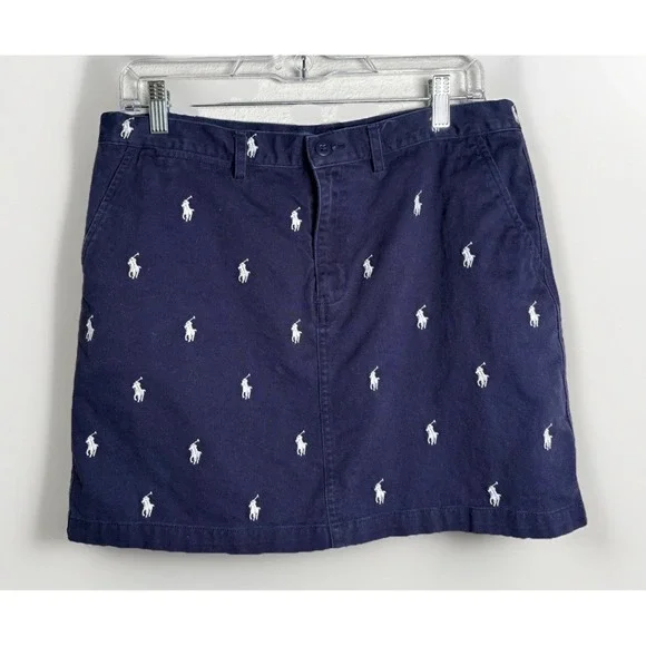 Polo Ralph Lauren Navy Blue All Over Embroidered Pony Logo Preppy Mini Skirt - Picture 4 of 8